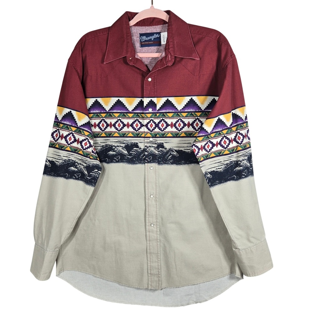 Vintage 90s Wrangler Western Shirt Mens Large Burgundy Horse Aztec Graphic Snap